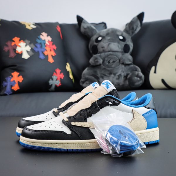 Both shoes side view of Travis Scott Fragment Design Jordan 1 Low reps in black and white colorway