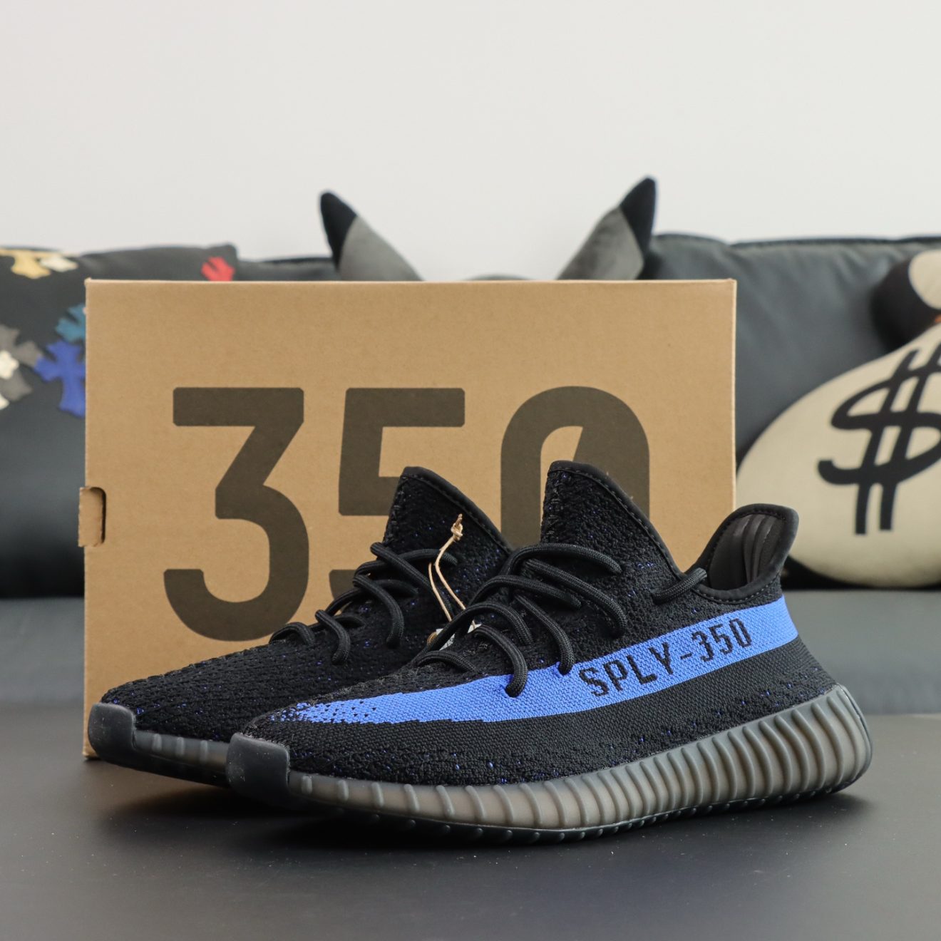 Yeezy 350 Dazzling Blue reps with black Primeknit and blue SPLY-350 stripe