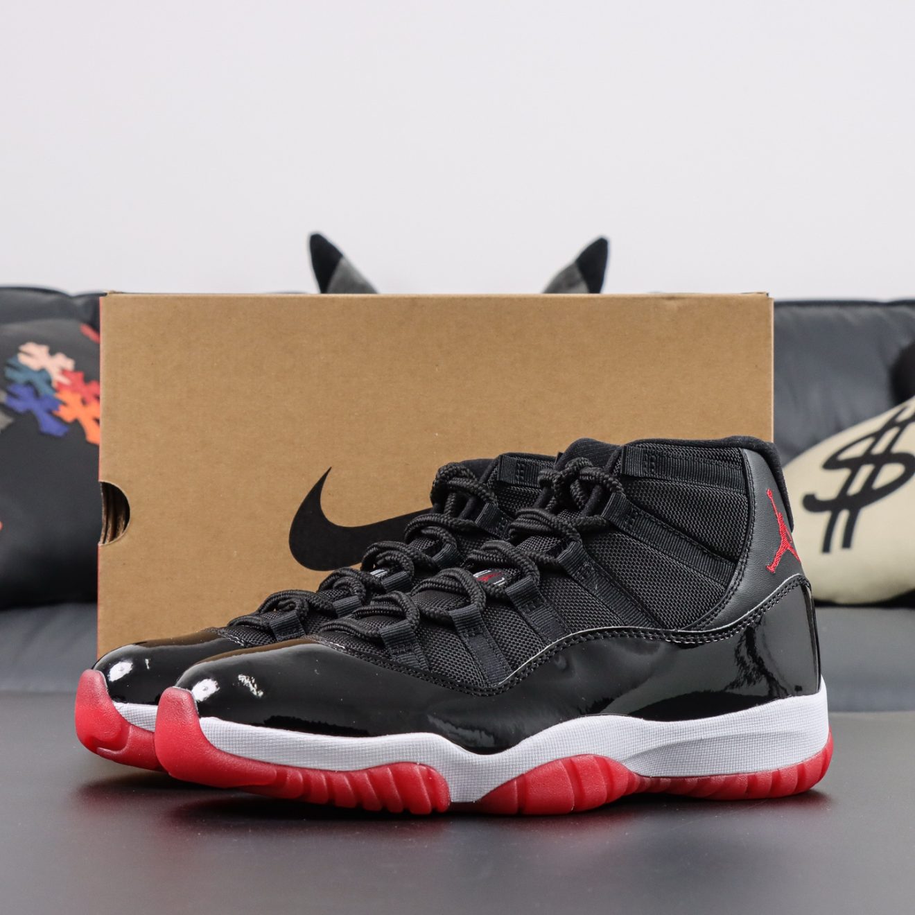 Jordan 11 Bred replica with red outsole and black patent in box combo