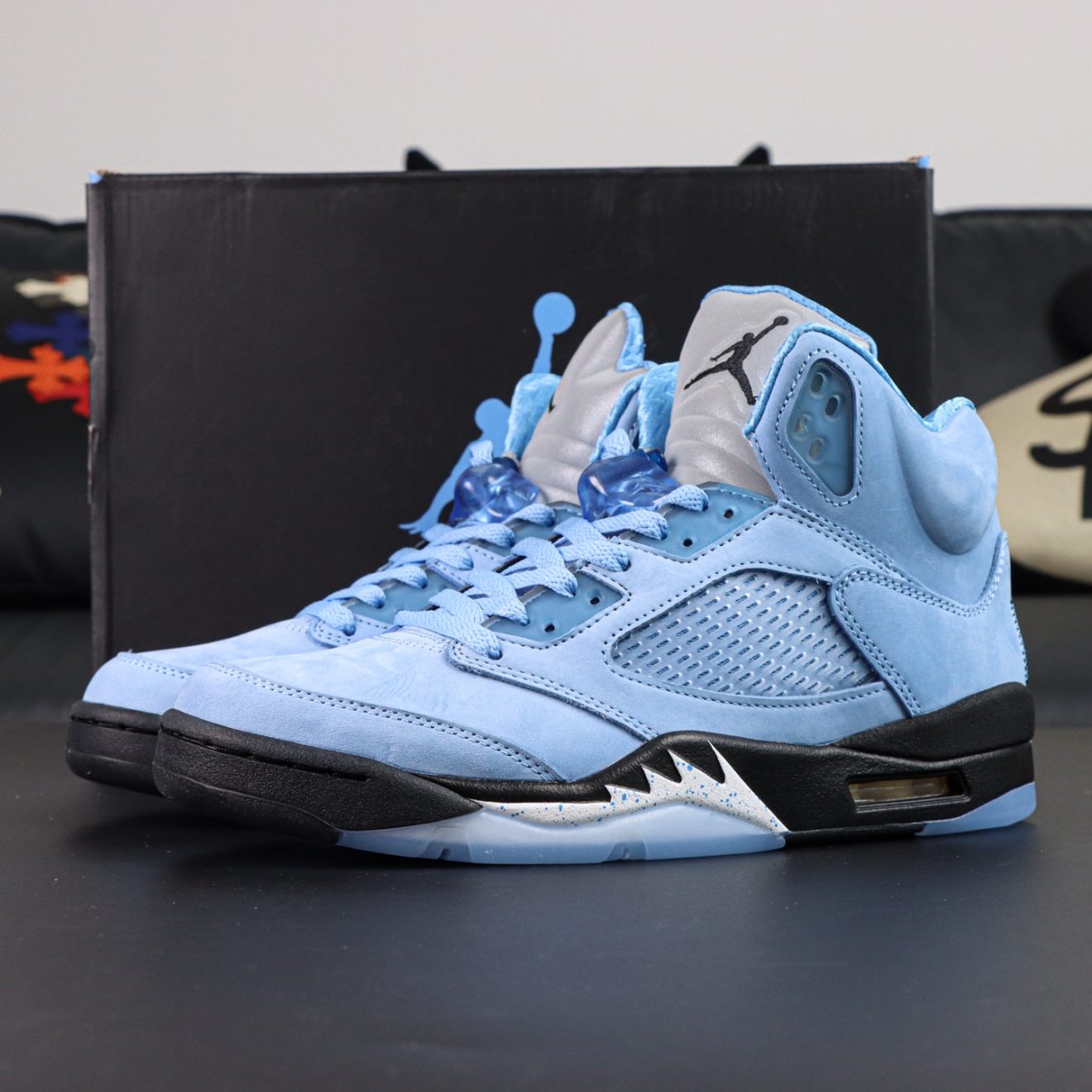 Jordan 5 UNC Reps with box and university blue suede upper