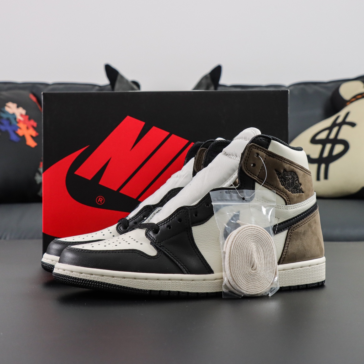 Jordan 1 Mocha reps with dark brown suede and black Swoosh box combo