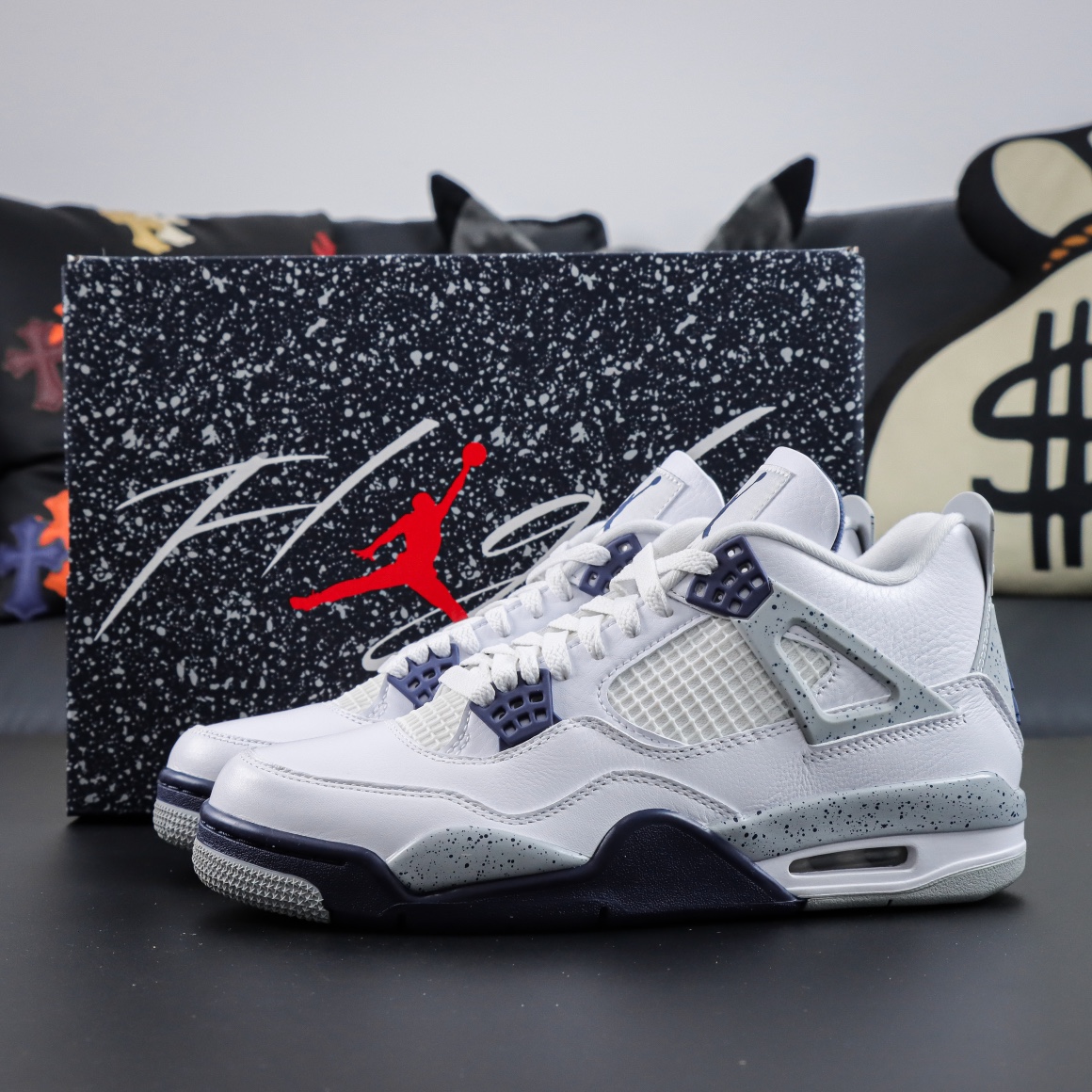Jordan 4 Midnight Navy reps with shoebox and white leather upper with navy accents