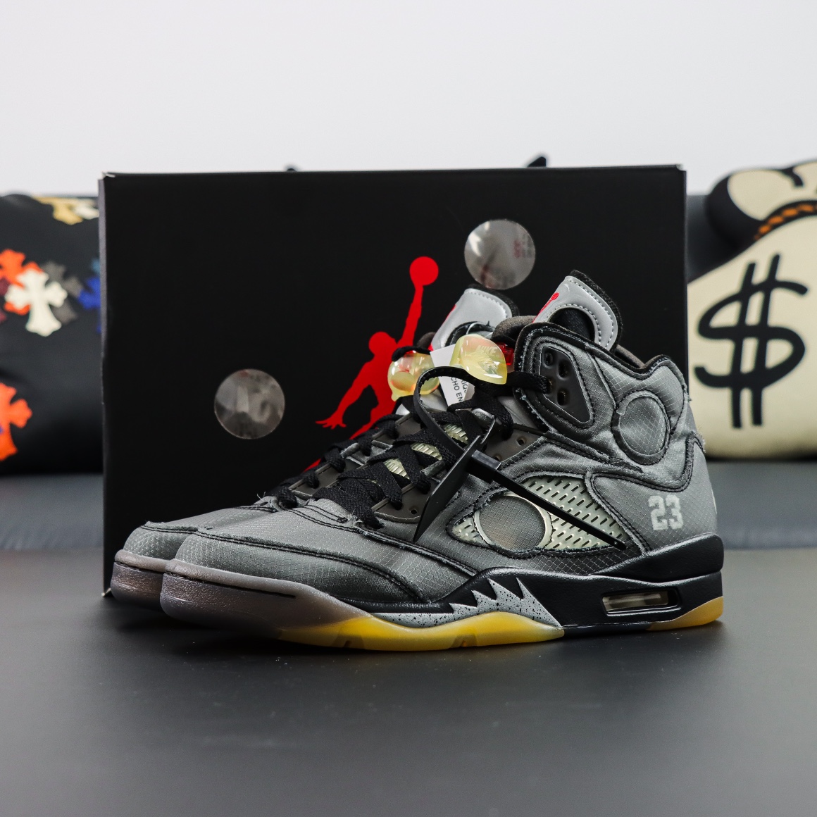 Jordan 5 Off White Muslin reps with black textile upper and shoebox