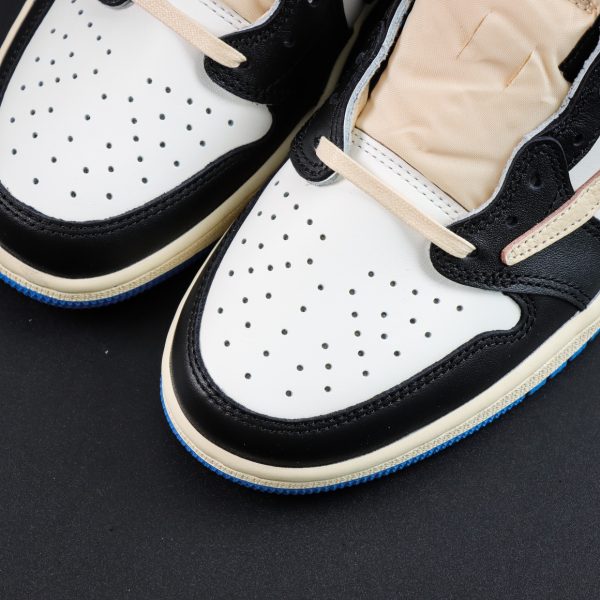 Toebox of Travis Scott Fragment Design Jordan 1 Low reps with white leather and stitching