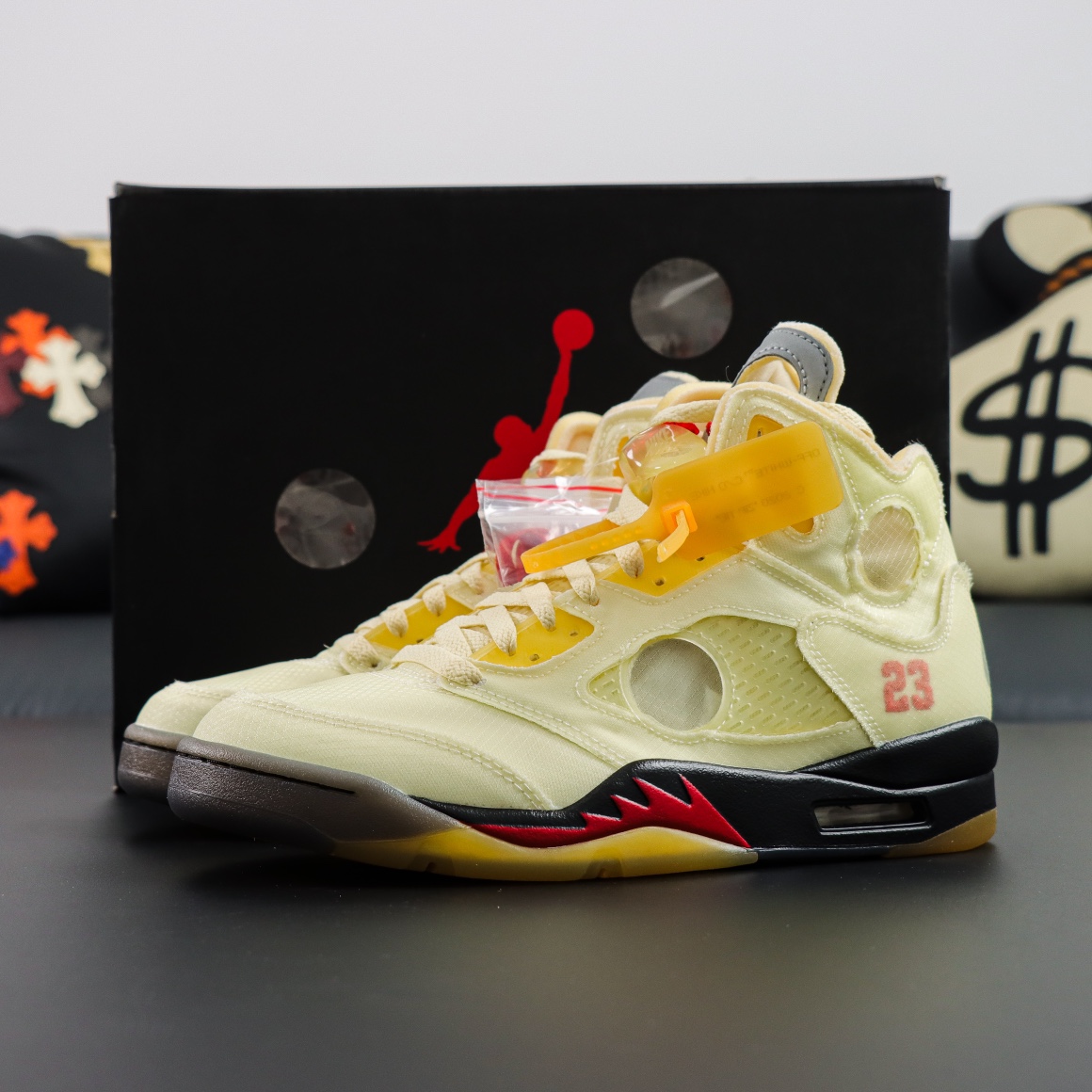 Jordan 5 Off White Sail reps with translucent mesh and shoebox