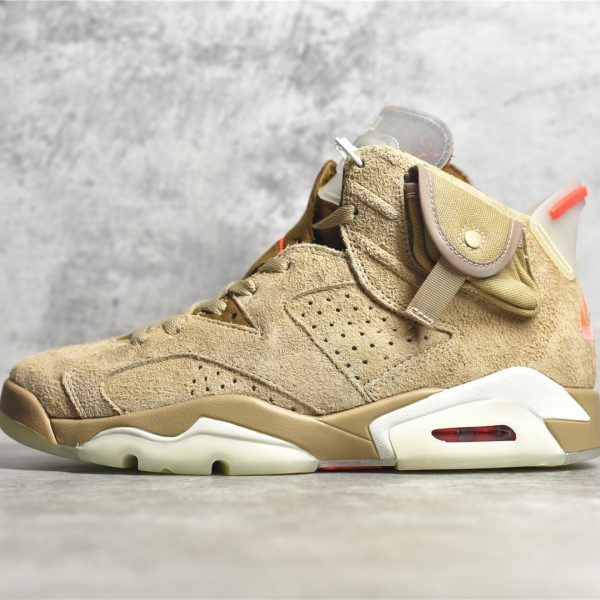Side view of Jordan 6 Travis Scott reps with canvas stash pocket, main image