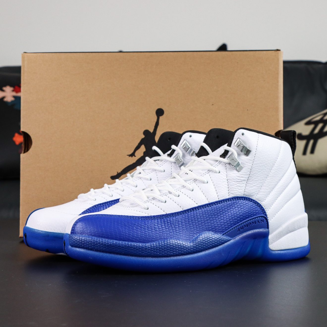 Jordan 12 Blueberry reps with retail-style box and white-blue upper