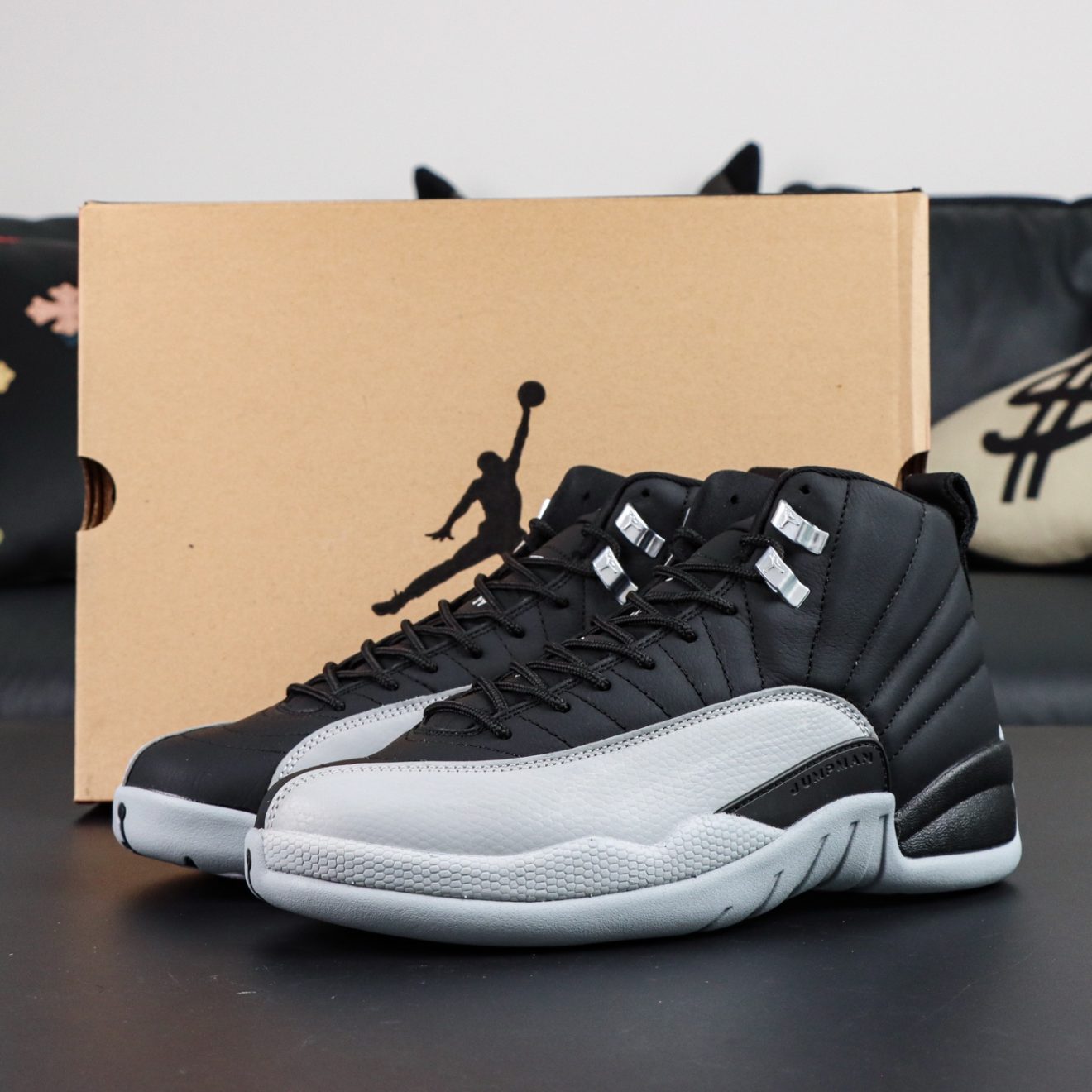 Jordan 12 Barons 2024 reps with retail-style box, black and wolf grey leather upper