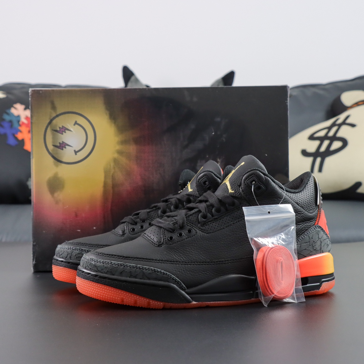J Balvin Jordan 3 Rio reps with single shoe placed in front of shoebox