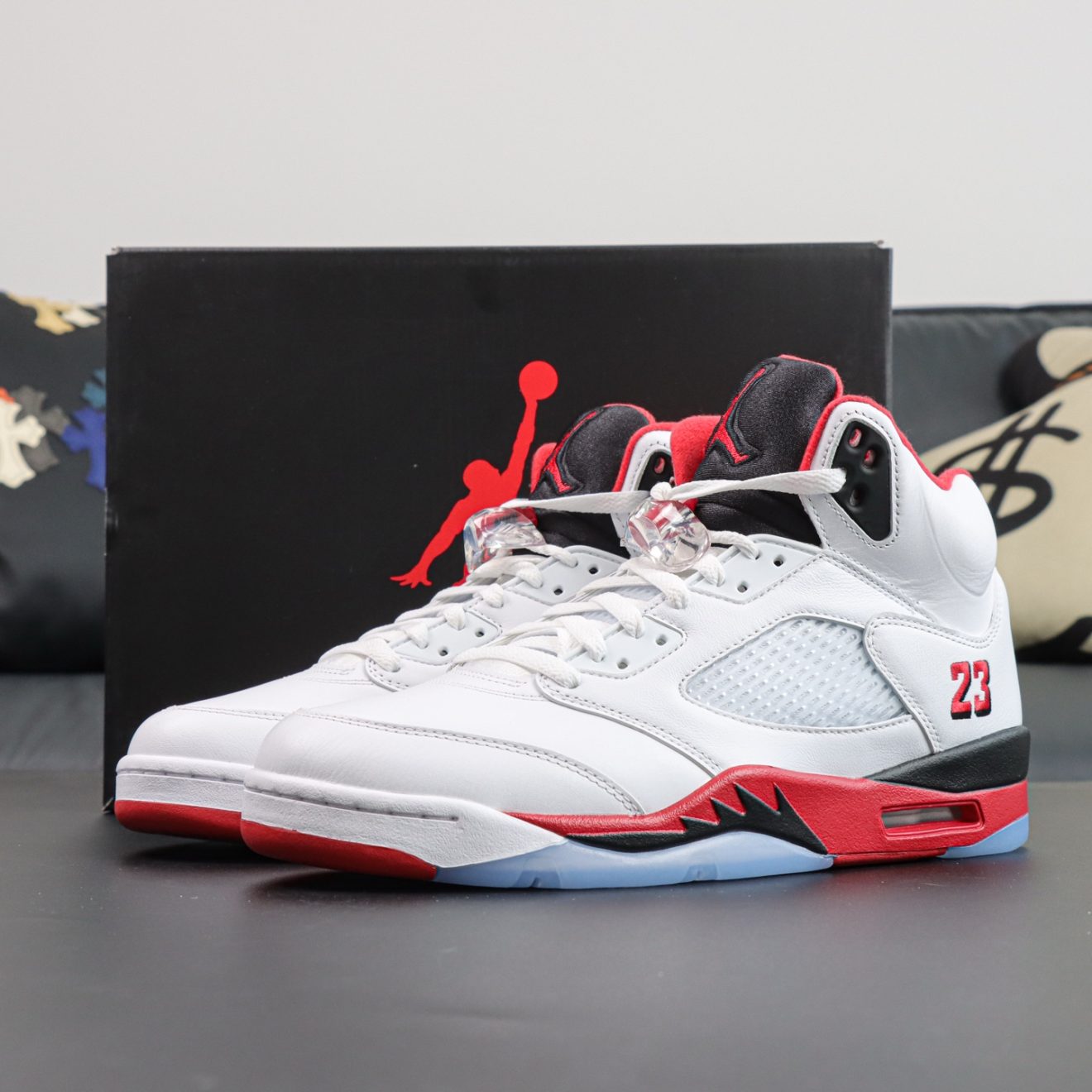 Jordan 5 Fire Red reps 2025 with box and black tongue