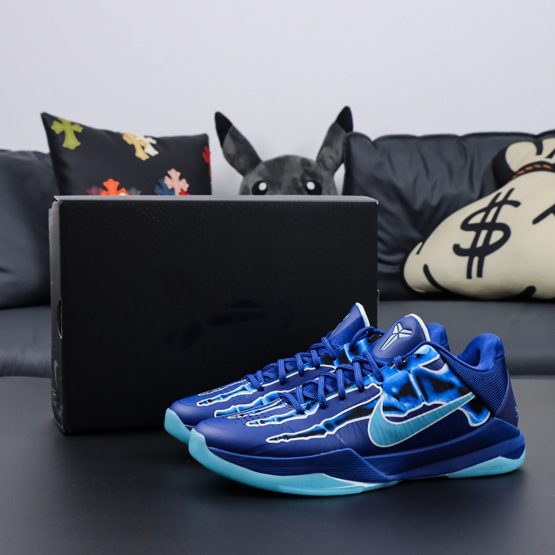 Kobe 5 X-Ray reps with skeleton print and retail-style box