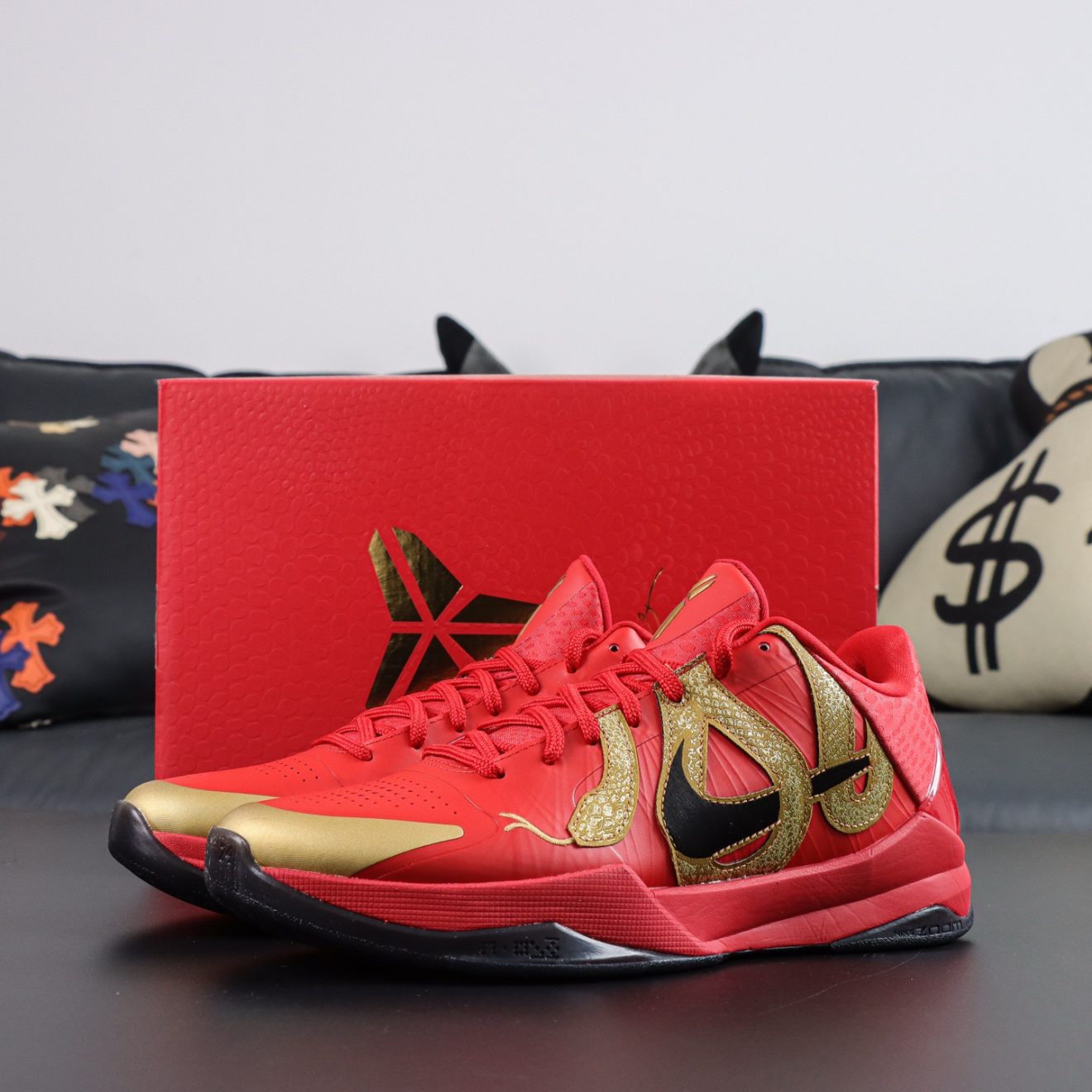 Kobe 5 Year of the Mamba University Red reps with retail-style box
