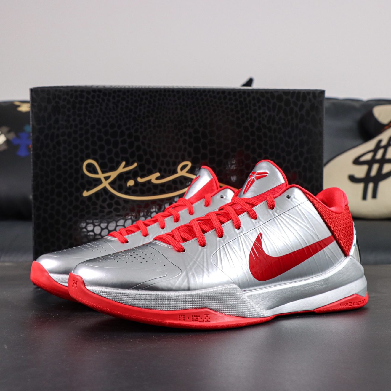 Kobe 5 Caitlin Clark Rookie of the Year Reps metallic silver and red