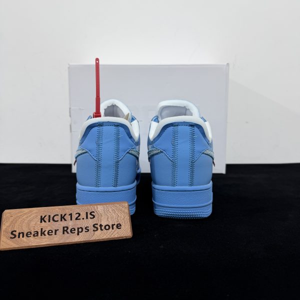 Back heel view of Air Force 1 Off White UNC Blue Reps