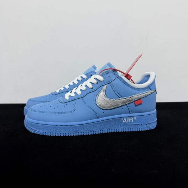 Side view of Air Force 1 Off White UNC Blue Reps with blue leather upper