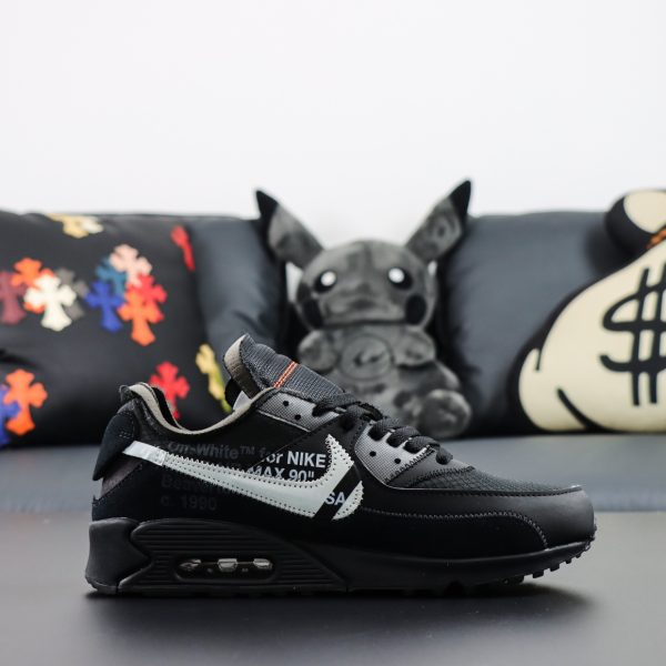 Inner profile of Off White Air Max 90 Reps with exposed foam on tongue and zip tie detail
