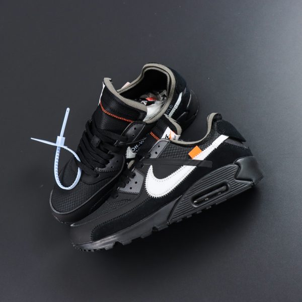 Top-down view of Off White Air Max 90 Reps showing intricate lacing system and deconstructed elements