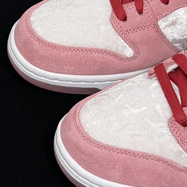 Close-up of toebox on Strangelove Dunks Reps showing velvet texture