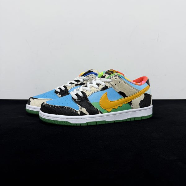 Side view of Dunk Chunky Dunky Reps with cow print and blue sky panels