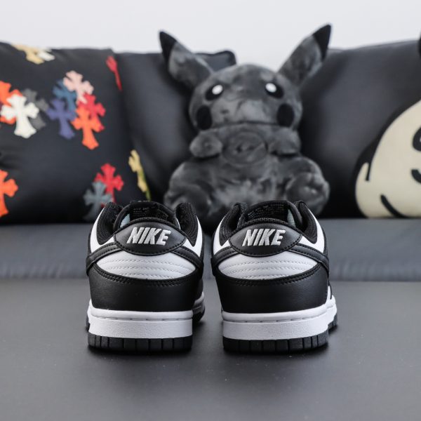 Rear view of Panda Dunk reps with Nike branding on heel tab