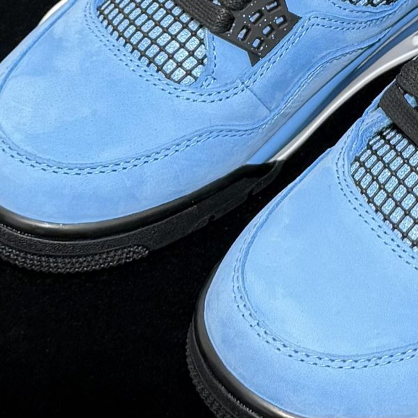 Close-up of toe box on Jordan 4 Travis Scott Reps, clear suede on it
