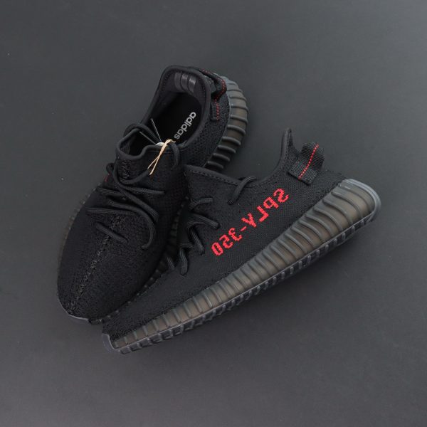 Top view of Yeezy 350 Bred reps with red SPLY-350 detail