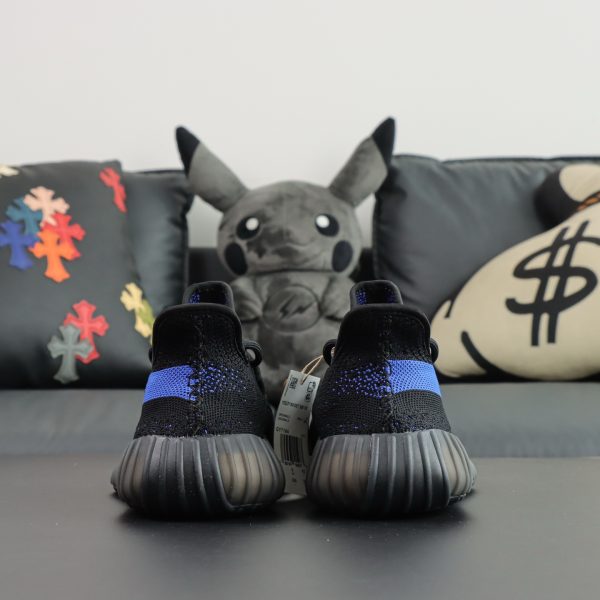 Back heel view of Yeezy 350 Dazzling Blue reps showing translucent shell