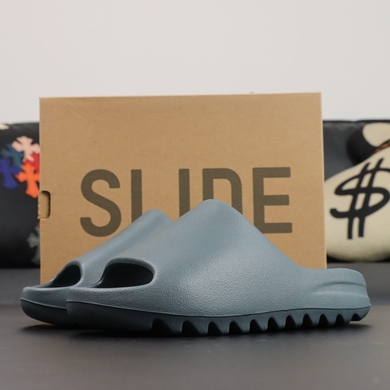 Yeezy Slide Slate Marine reps with marine blue tone and box